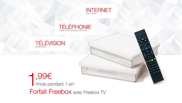 Nous vous proposons en cette fin d’année de profiter d’une offre à tarif exceptionnel, valable jusqu’au 6 décembre: Forfait Freebox Crystal avec Freebox TV à 1,99€/mois pendant 12 mois, puis 31,98€/mois